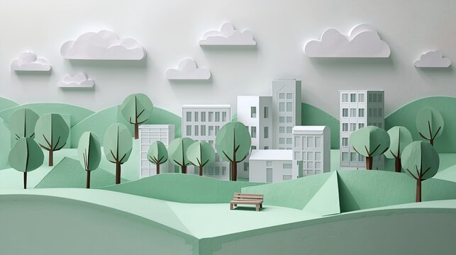 Paper craft city, a tranquil urban scape crafted from paper with a touch of greenery