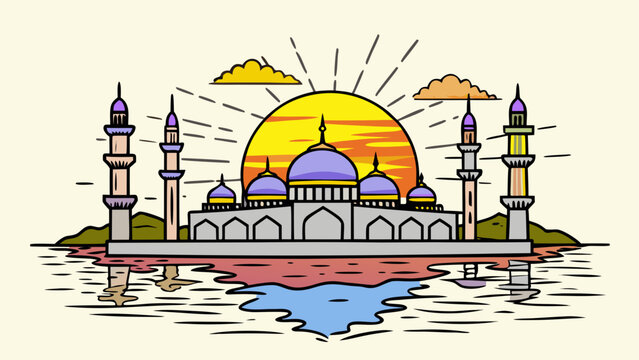 Illustration of a mosque with domes and towers reflecting in water under a sunset sky landscape