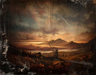 Atmospheric landscape painting showcasing a serene lake at sunset, with hills, fields, and an overcast sky
