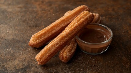 Delicious churros with a side of chocolate sauce, perfect for a sweet treat. These crispy, golden churros are a delectable snack or dessert, perfect to satisfy your cravings.