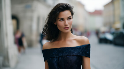 Elegant woman walking confidently down a European city street, wearing an off-shoulder dark navy evening dress with a subtle shimmer. Soft natural daylight, shallow depth of field,