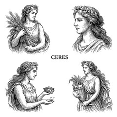 Ceres Roman Goddess of Agriculture in Vintage Engraving Style Transparent Background