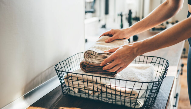 Minimalist hands placing fresh folded towels into a wire basket at a luxury spa or gym changing room