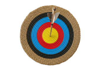 Isolated archery target with arrow at center, success in hitting goal, precise shot achievement