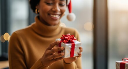Smiling african american woman in santa hat holding Christmas gift box with red ribbon for winter holiday celebration.