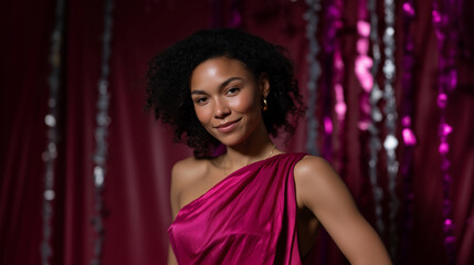 Elegant woman in a metallic pink one-shoulder party dress posing against a festive pink backdrop, sparkling hanging streamers, metallic stars, soft studio lighting, confident joyfu