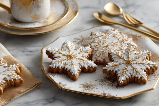 Elegant gingerbread and snowflake cookies on premium plating