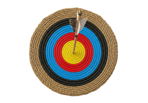 Isolated archery target with arrow at center, success in hitting goal, precise shot achievement