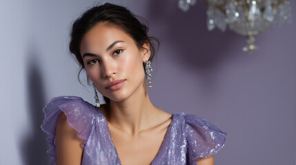 Glamorous woman wearing a shimmering lavender sequin dress with sculpted ruffled shoulder detail, posing against a soft lilac backdrop. Elegant makeup, defined brows, natural glow,