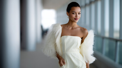 High-fashion model walking on a modern runway wearing an avant-garde ivory ensemble: strapless mini dress paired with a dramatic sheer floor-length overskirt and oversized feather-