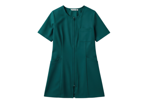 Isolated green zip-up uniform dress apparel, short sleeves with chest and side pockets