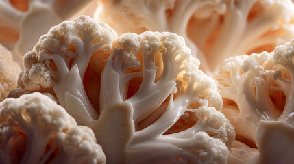 A close up view of a group of cauliflower florets with intricate details and soft lighting effects