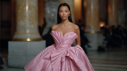 Ultra-realistic high-fashion runway moment inside a grand neoclassical hall with tall marble columns and soft museum lighting. A stunning female model of mixed ethnicity (Latina +