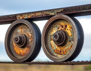Two rusted metal wheels on a track show signs of aging against a blurred sky and earth background