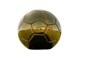 Golden soccer ball reflecting stadium and grass field on isolated background