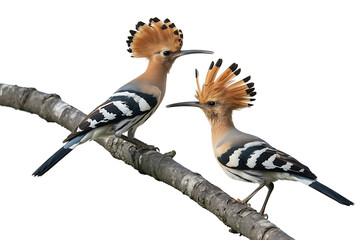 Minimalist Portrait of a Eurasian Hoopoe on a tree branch Against White Background