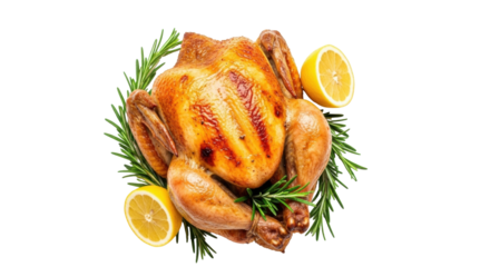Isolated whole roasted chicken with lemon, ready to eat for dinner, for a festive meal