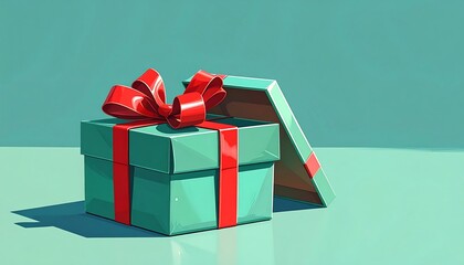 Box, teal, with a red ribbon, slightly open. Illustration. Minimalist background. Light and shadow play. Gift-like