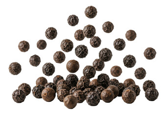 Obraz premium Dark, round individual black peppercorns scattered and suspended in weightless motion against a pristine bright white studio background, crisp studio lighting. Concept of culinary precision