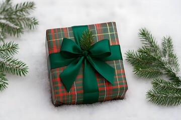 Festive Christmas Gift Box with Plaid Wrap and Green Ribbon on Snowy Pine Background