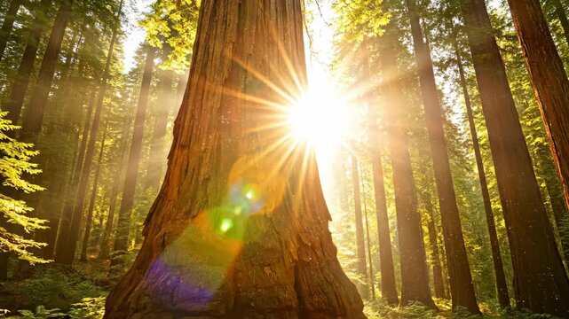 Sunlight streams through ancient redwood forest, creating a serene and majestic moving scene perfect for nature documentaries and travel promotions