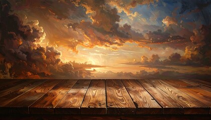 Atmospheric painting of a vibrant, orange sunset sky with wispy clouds, over a wooden table foreground