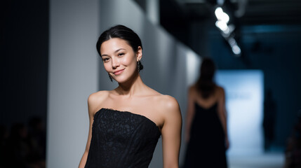 Elegant runway fashion show captured in a premium editorial style. A model with refined facial features and warm light-to-medium skin tone walks confidently toward the camera weari