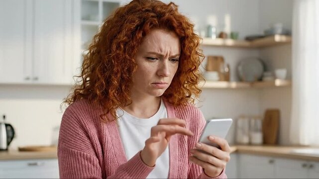Confused young woman with curly red hair looking at smartphone with furrowed brow in modern kitchen. Frustrated female reacting to bad news or prob...