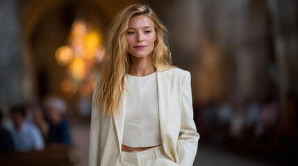 Runway fashion show inside a grand hall with high arched ceilings, chandeliers, and soft warm lighting. A female model walks confidently down the catwalk wearing an elegant cream-w