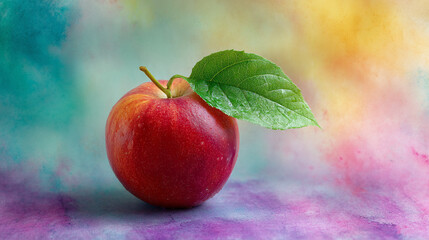 Close up of a red apple with a green leaf on a colorful abstract background image