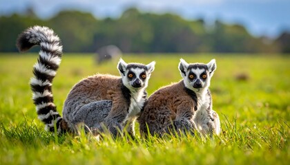 Obraz premium Two ring-tailed lemurs sit side-by-side in sunny green grass, tails visible in a grassy field