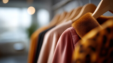 Close-up of a stylish clothing rack in a boutique showroom. A row of garments in warm tones