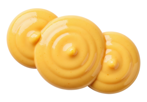 Isolated dollops of cheese sauce, a classic yellow condiment with concentric circles effect