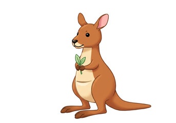 Isolated kangaroo with leaves, cute Australian marsupial sitting on its tail, friendly animal