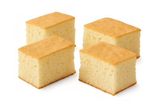 Four fluffy square pieces of baked castella sponge cake, fresh sweet asian dessert slices on a transparent background
