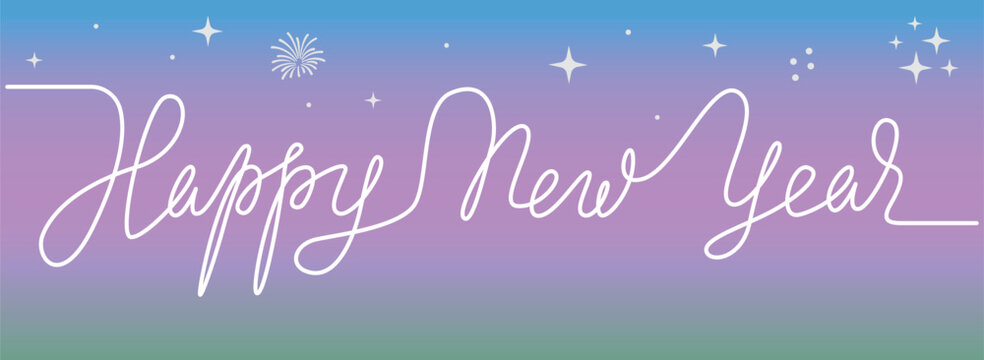 Continuous one line drawing of Happy new year festive greeting card, design with typography and colorful elements.