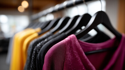 Close-up fashion boutique shot with a shallow depth of field. A row of dresses on black hangers, featuring sequins, glitter fabrics, polka dots, metallic textures, and colorful mat