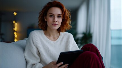 A young woman with light skin tone and vibrant red shoulder-length hair sits comfortably on a soft pastel-colored sofa in a bright, airy living room. She is dressed in a cozy off-w