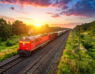 A vibrant red train travels through lush greenery at sunset, under a colorful, cloudy sky, on parallel tracks