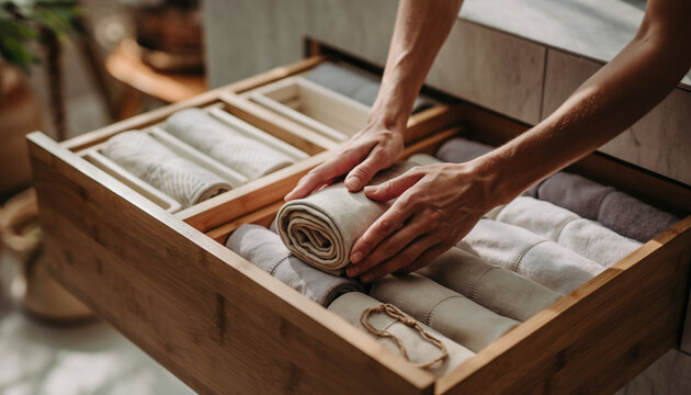 Minimalist home organization: Woman's hands arranging rolled clean towels in wooden bamboo drawer