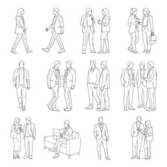 Collection of Diverse Business Professionals in Various Poses and Interactions, Vector Line Art, Isolated on White Background, Modern Office Scenarios