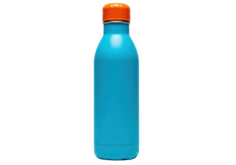 Isolated reusable turquoise-blue bottle with orange cap for drinking; sustainable lifestyle