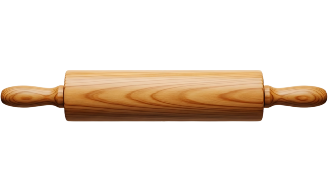 A wooden rolling pin with handles on a black background in a horizontal orientation centered