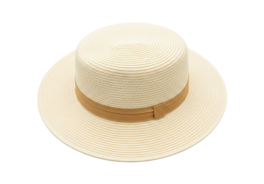 Isolated hat for women, straw boater with ribbon, style accessory for spring or summer outfit