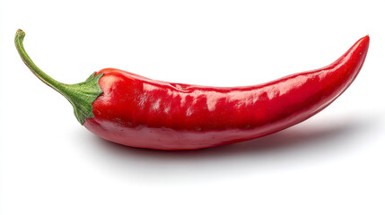 A single red chili pepper with a green stem isolated on a plain white background surface