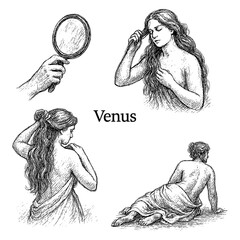 Roman goddess Venus in elegant poses and classical beauty, vintage engraving style, Transparent Background © FriskySloths