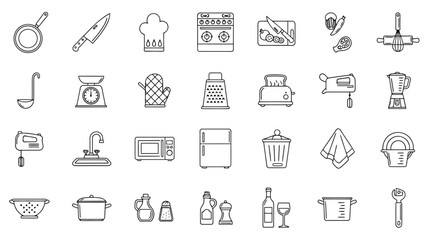 Kitchen and Cooking Line Icons Set &ndash; Utensils, Appliances, Food Prep, Culinary Tools