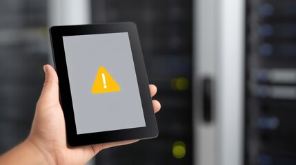 Person Holding a Small Digital Screen Displaying an Alert in a Server Room Environment
