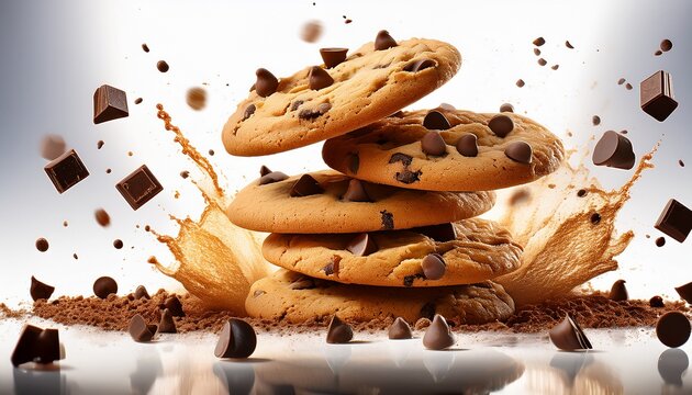 Golden chocolate chip cookies with visible chunks floating mid-air on white, captured in high resolution for bakery promotions