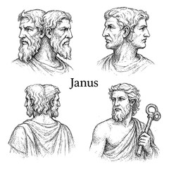 Fototapeta premium Roman god Janus with double-faced figure and classical poses in vintage engraving style, Transparent Background